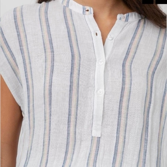 Rails Angelina Ryland Smocked Waist Linen Stripe Dress Size Large Blue White - Picture 3 of 8